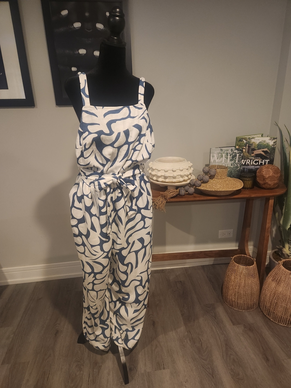 Blue & White Printed Wide-Leg Jumpsuit with Tie Waist